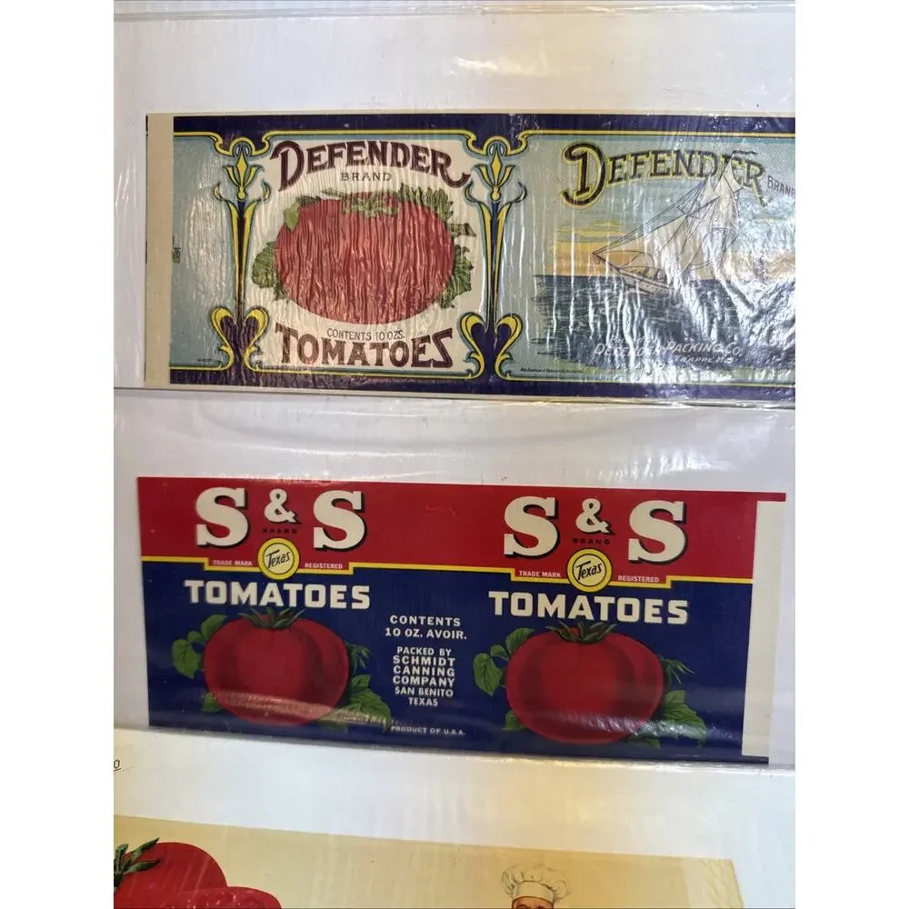 Lot 8 Tomatoes Vtg Unused Can Label Mid-Century Decor MCM Tomato Bright